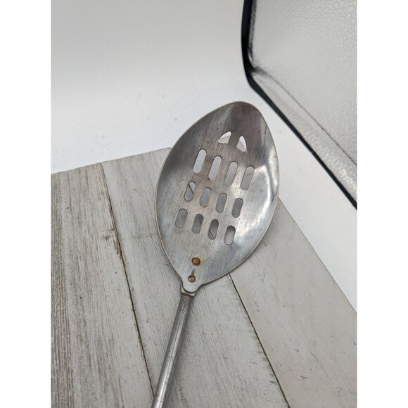 Vintage Chromium Plated Slotted Serving Spoon 12" Wood Handle - Picture 2 of 7